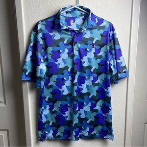 Yeet Golf Polo Men’s Size Large Blue Camo Killa Whale Athletic Golf Polo UPF 50+
